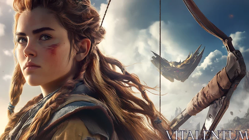 Young archer observes distant mechanical aircraft in sky