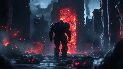 Armored warrior faces flaming portal in ruined cityscape.