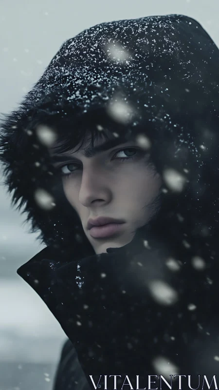 Hooded figure in snowfall with intense winter gaze.