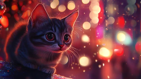 Luminous Feline: Neon-Eyed Cat in Bokeh Dreamscape.