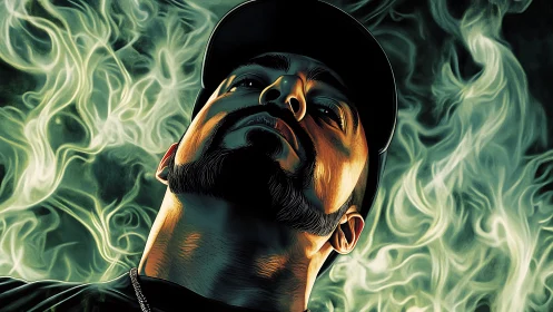 Bold portrait of a confident man rising through swirling smoke