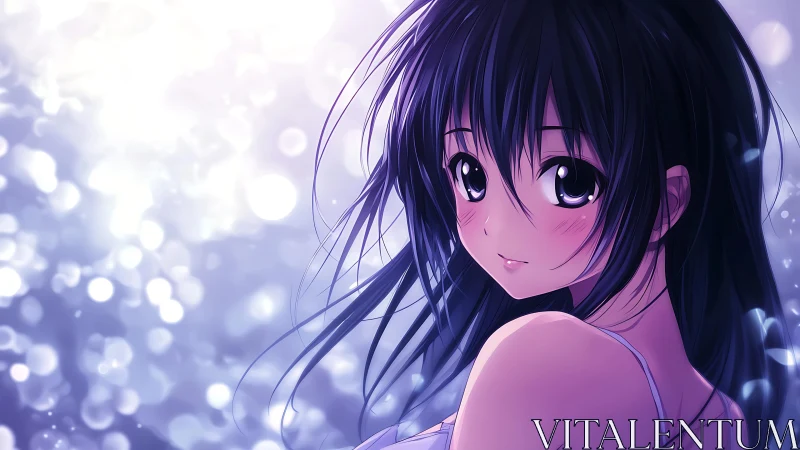 Anime girl glows under violet bokeh night lights.
