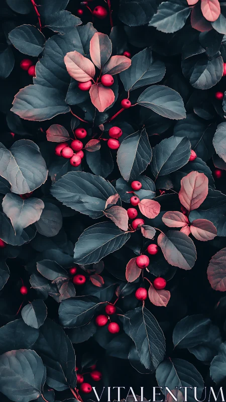 Dark foliage and red berries form dense vertical plant coverage