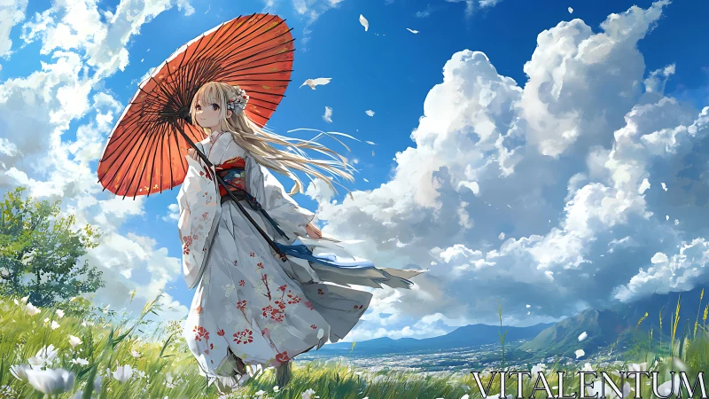 Wind-dancing kimono girl under a blazing paper sun umbrella.