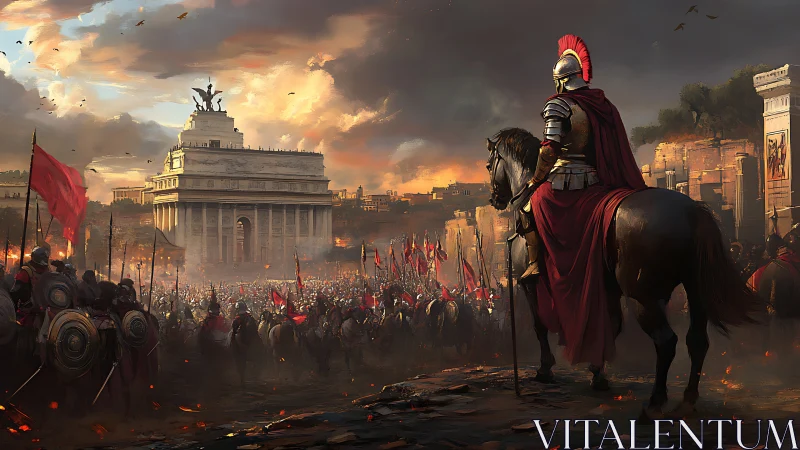 Triumphant Roman commander surveys a glowing ancient city