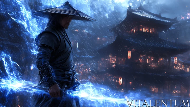 Warrior channels blue lightning before lantern-lit temple