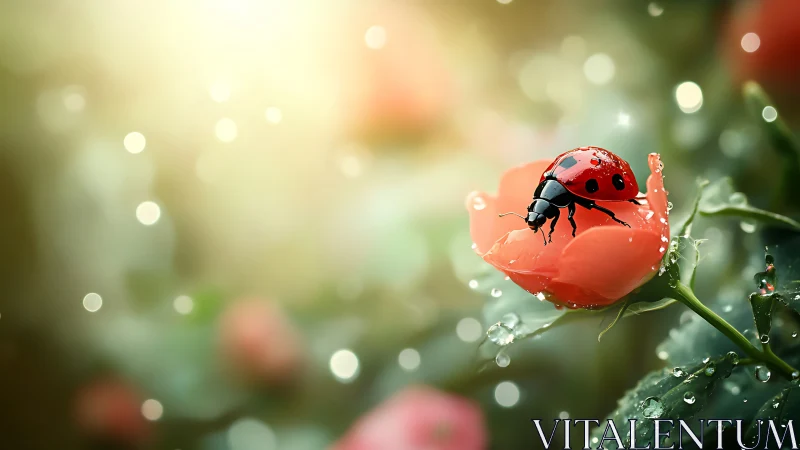 Ladybug poised on dewy rose under glowing bokeh light.