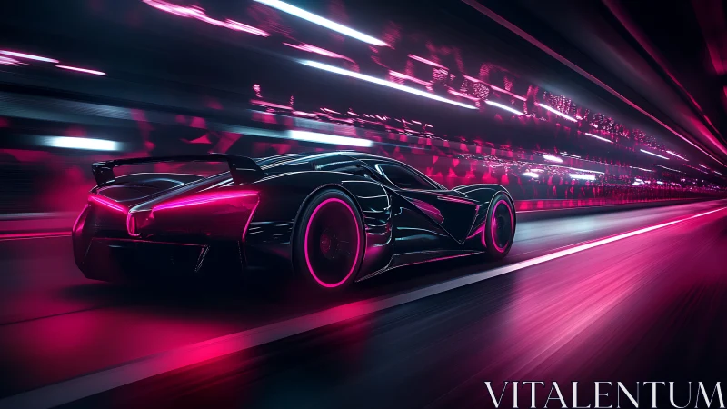 Futuristic hypercar racing through neon tunnel with magenta glow.