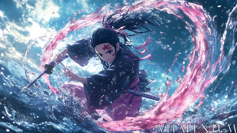 Dynamic katana strike channels pink energy arc over turbulent sea