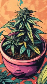 Cannabis plant in pink pot against bold orange backdrop.