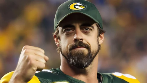 Gridiron gaze and clenched victory fist under stadium glow.