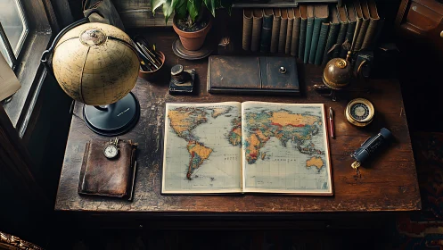 Vintage explorer desk with world map, globe, and journals.