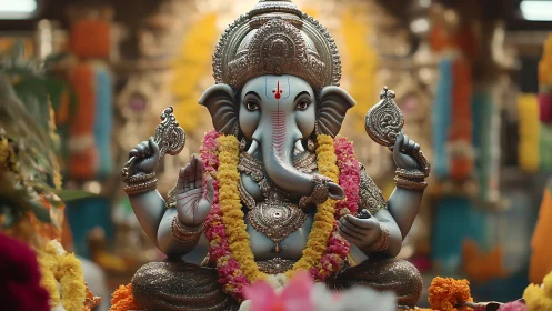 Ganesh idol sits in ornate shrine with flower garlands