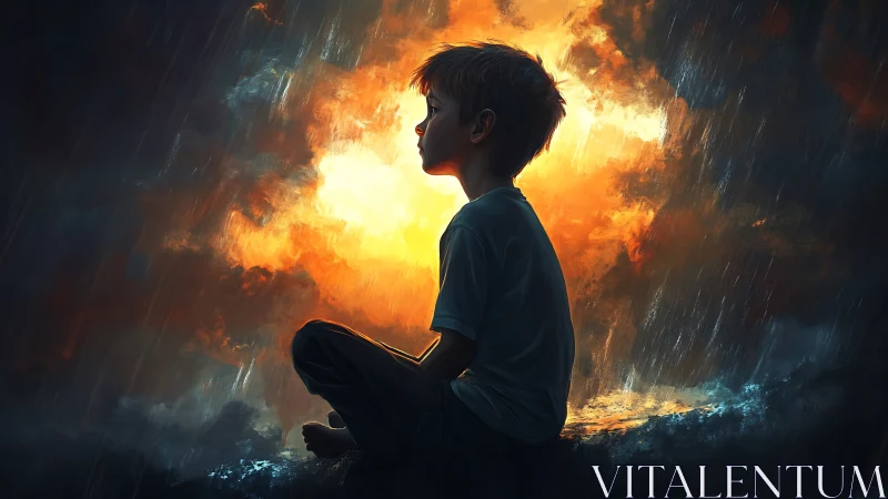 Silhouetted boy in profile before luminous storm break