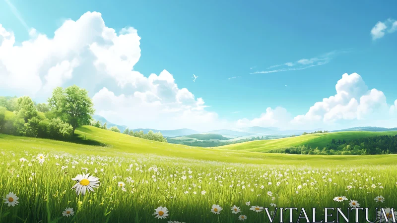 Sunlit daisy meadows rolling beneath cloud-bright skies.