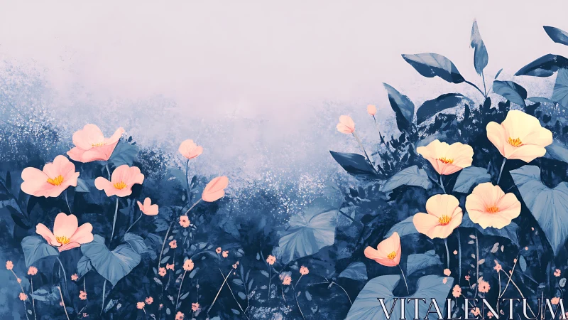 Digital illustration depicts flowering plants against atmospheric background.