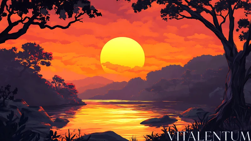 Digital sunset landscape depicts river, trees and distant hills