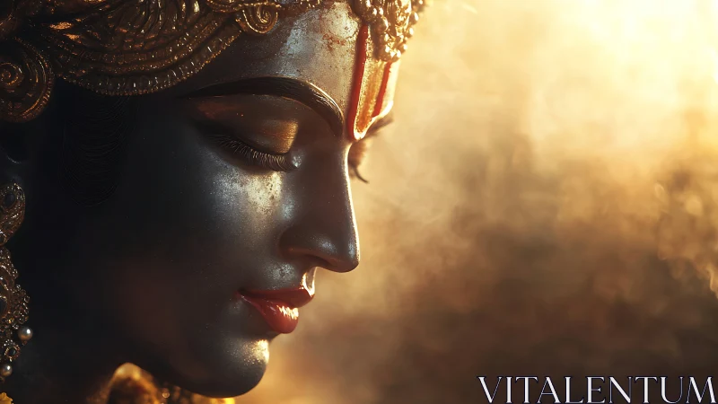 Side-lit devotional sculpture profile with golden ambient haze