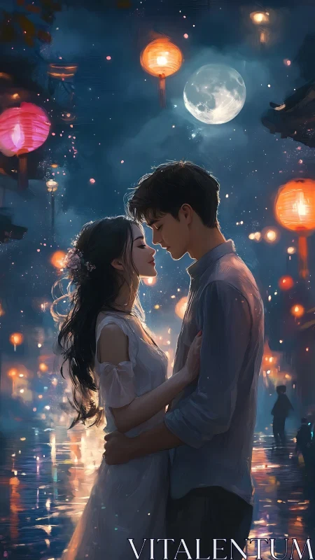 Lovers Under Glowing Moon and Lanterns.