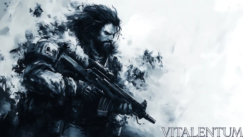 Digital painting of arctic tactical sniper in kinetic whitescape.