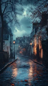 Rainy evening street with wet cobblestones and lamps.