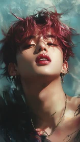 Red haired figure in close portrait with jewelry details.