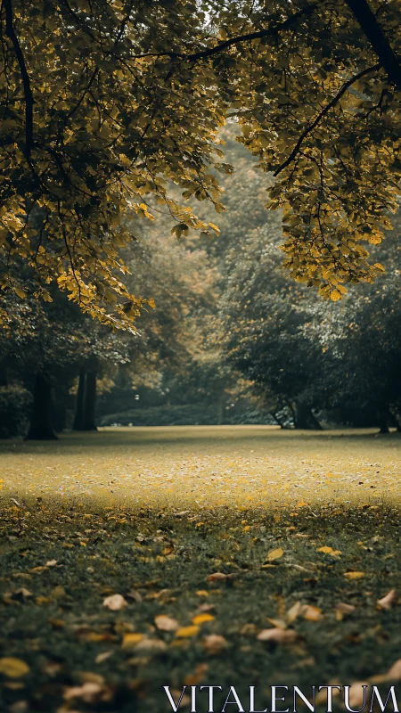 Golden autumn canopy framing a tranquil forest lawn.