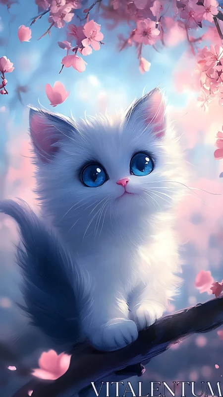 White Cat with Blue Eyes Among Pink Blossoms