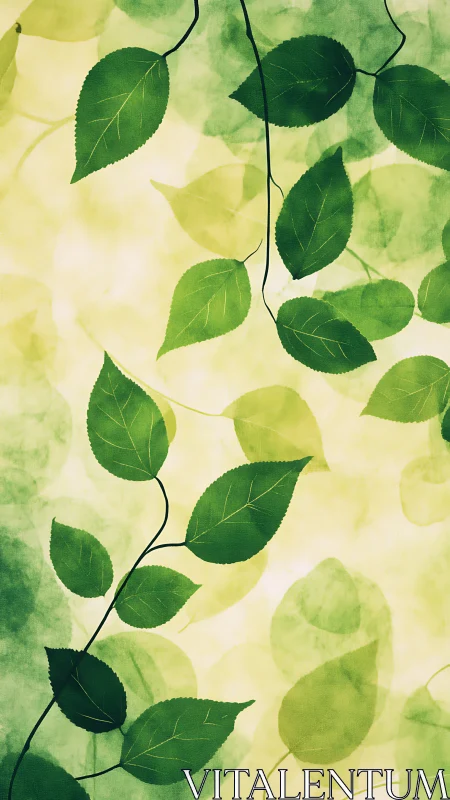 Green vine leaves over soft watercolor foliage backdrop.