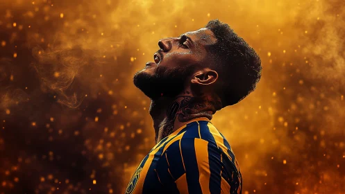 Photorealistic football portrait in glowing ember haze.