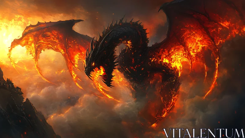 Fire-forged dragon soars through storm of molten clouds.