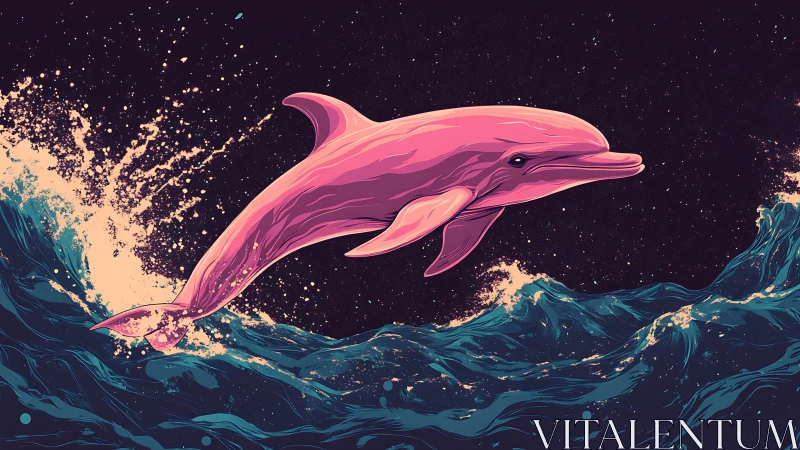 Pink dolphin leaping over stylized ocean waves at night.
