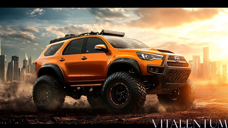 Lifted orange off-road SUV with oversized mud tires in dusty cityscape