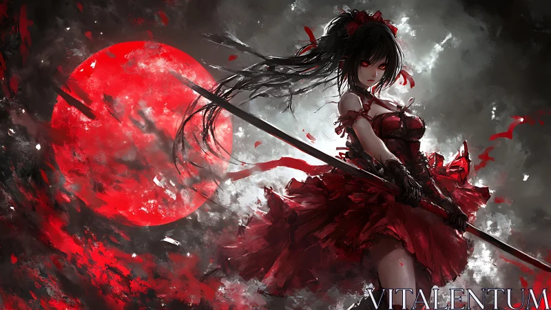 Battle-ready anime swordswoman under blood-red eclipsed moon