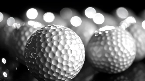 Close-up monochrome study of wet reflective golf balls.