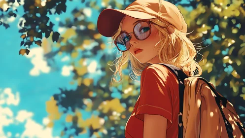 Blonde girl with backpack under sunlit green trees.