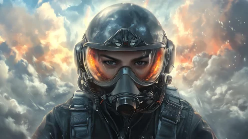 Futuristic fighter pilot amid blazing storm clouds sky.