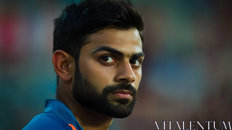 Storm-eyed athlete framed in stadium hush and color bloom.