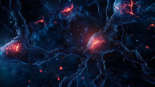 Neural network sparks glow in a deep cosmic blue void.