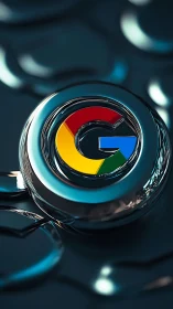 Glossy chrome Google emblem rendered in cinematic 3D.