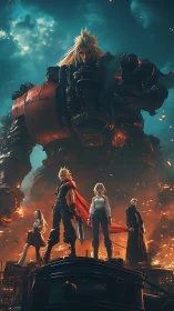 Heroic squad framed against mechanized titan in infernal skyline