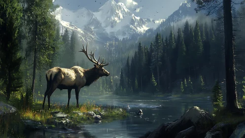 Male elk stands beside reflective lake under snowy mountains