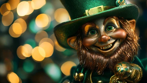 Smiling leprechaun figurine with glittering green hat.