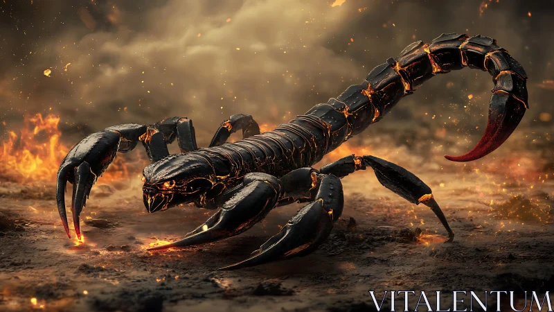 Molten armored scorpion in cinematic inferno environment.