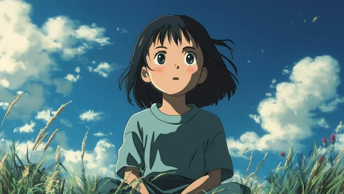 Young girl sits in sunlit meadow under bright summer sky