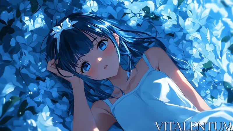 Girl with blue hair lying among flowers under cool light.