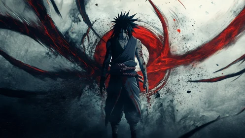 Dark anime warrior stands before swirling red energy halo