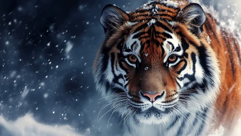 Winter-still tiger gazes calmly through swirling snowflakes