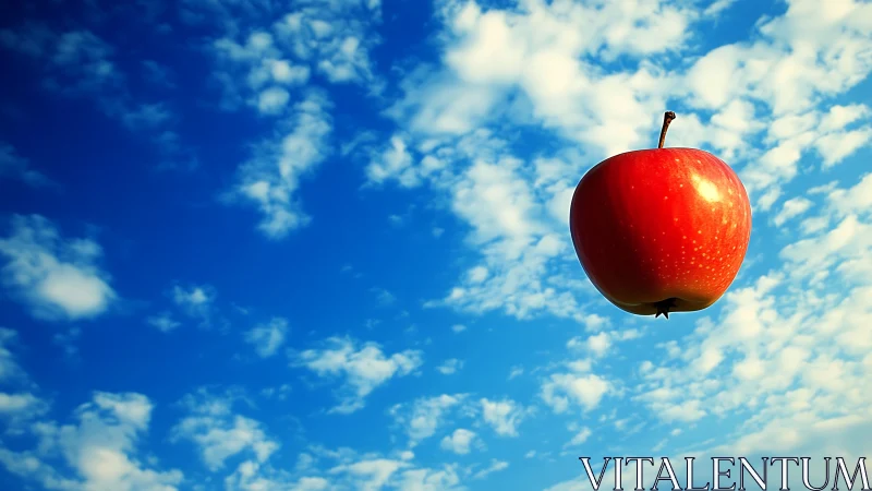 Surreal floating red apple against bright blue sky with clouds.
