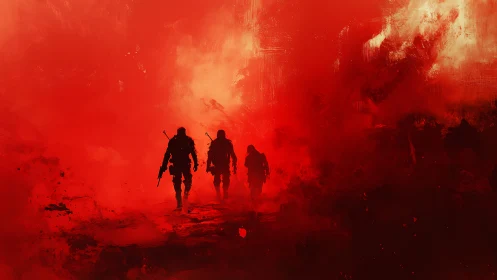 Silhouetted Figures Advancing Through Red Atmospheric Haze